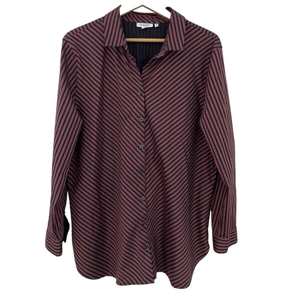 CHICO'S Imperial Stripe No Iron Tunic Blouse Women's 18 Sable Button Up Stretch - Picture 1 of 11